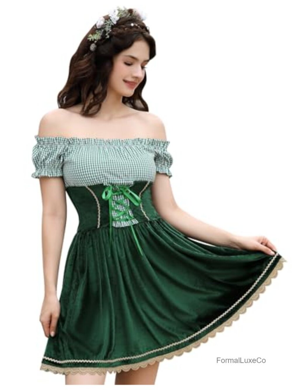 Women Off Shoulder Velvet Dirndl Dress Oktoberfest Costume Puff Sleeve